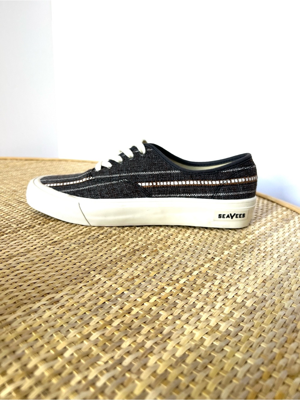 SeaVees Legend Sneaker Rafia Stripe Woven Fabric Uppers charcoal tan Men 8.5
